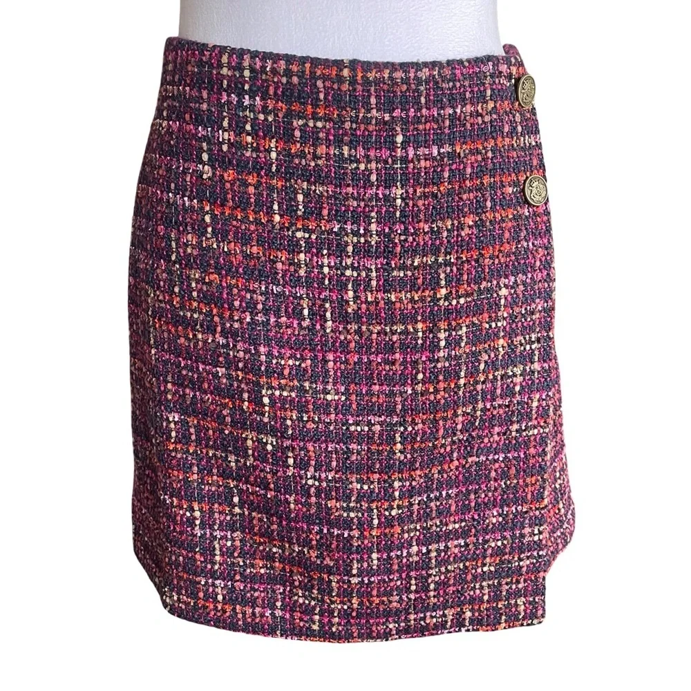 NWT Loft Tweed Pink Burgundy Navy Faux Wrap Dress Size 4
